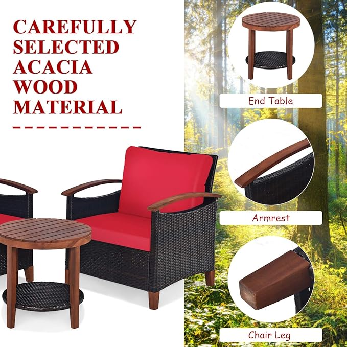 Tangkula 3 Pieces Patio Furniture Set, Outdoor Rattan Sofa and Side Table w/Solid Acacia Wood Frame, High Load Bearing Conversation Bistro Set w/Washable and Removable Cushions (Red)