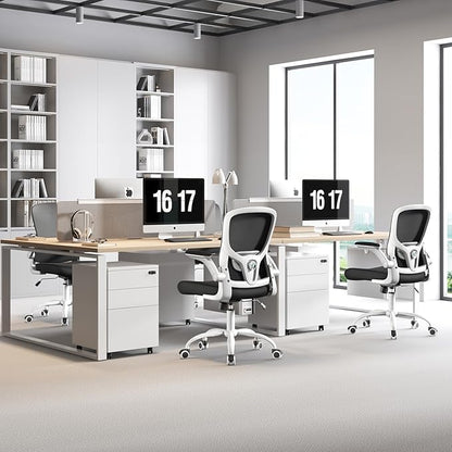 Ergonomic Office Chair High Back with Adjustable Lumbar Support, Mesh Computer Chair,Headrest and Flip-Up Arms for Executive, 90-120° Tilt Swivel Rolling Task Chairs(White-black6076)