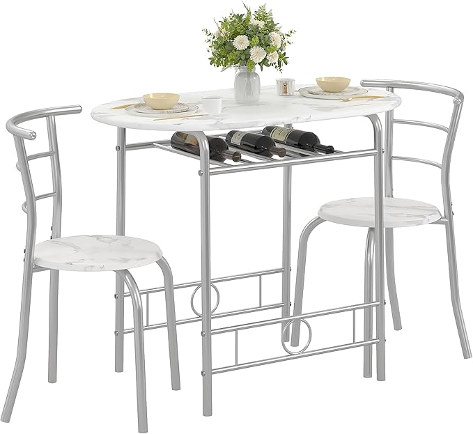 VECELO 3-Piece Dining Table Set for Kitchen Breakfast Nook, Faux Marbled Oval Tabletop and Metal Frame with Built-in Wine Rack, for Small Spaces, White & Silver