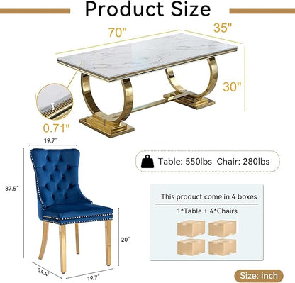 5 Piece Marble Dining Table Set for 4, Luxury White Marble Gold Kitchen Table with 4 Blue Velvet Upholstered Chairs, Modern 4 Person Dining Room Table Set for Kicken Dining Office Room