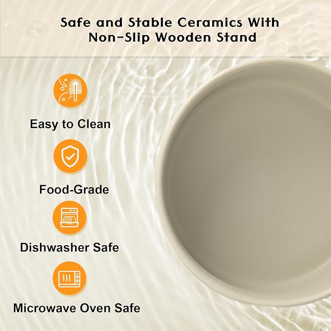 SPUNKYJUNKY Ceramic Elevated Dog Bowls 2 Pack - 8.3inch Raised Dog Bowls with Non-Slip Wooden Stand for Large Dogs Dishwasher Safe(Grey,60OZ*2)