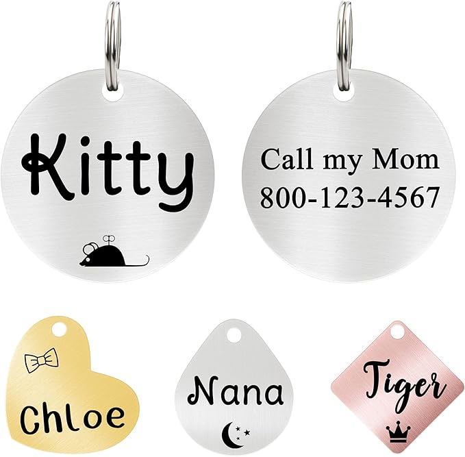 Ultra Joys Cat ID Tag Personalized Pet Tags, Durable Stainless Steel Small Pet Mini Dog Cat Tag Lightweight -Round Tag in Silver