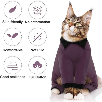 QBLEEV Cat Pajamas for Cats Only, Sticky Hair Cat Clothes, Cat Onesie for Cats After Surgery Female Male, Surgical Cat Recovery Suit Full Bodysuit, Long Sleeve Cat Shirts Outfits to Prevent Licking