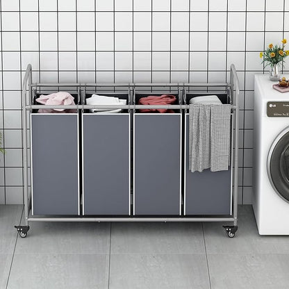 Laundry Sorter 4 Section Hamper Sorter with Heavy Duty Lockable Rolling Wheels Removable Bags Basket Separator for Dirty Clothes Storage, Grey