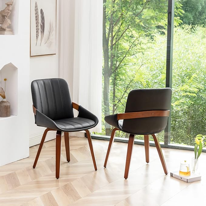 Mid Century Modern Faux Leather Upholstered Dining Chairs,Armless Accent Chairs with Sturdy Natural Wood Legs,Bamboo Backrest Support for Kitchen&Dining Room Chairs(Set of 2,Black PU)