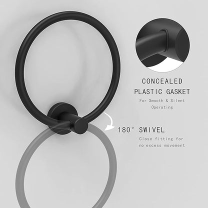 Matte Black Towel Ring, Hand Towel Holder for Bathroom Kitchen Modern Rounded Base Wall Mount SUS304 Stainless Steel