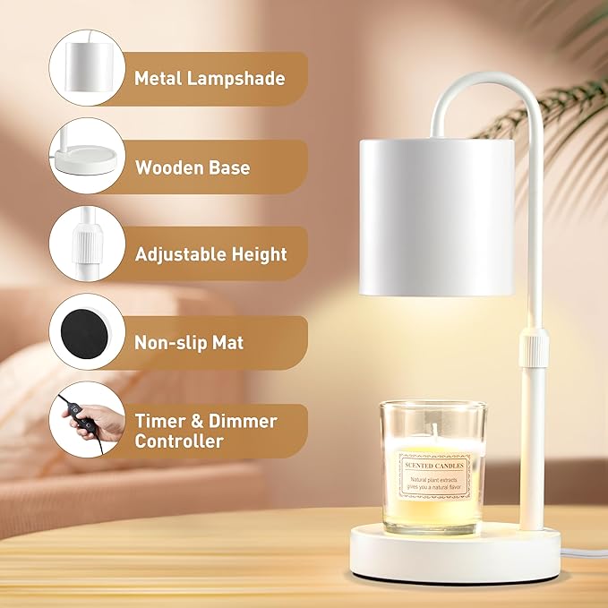 Briever Dimmable Candle Warmer Lamp with Timer, Height Adjustable Electric Candle Wax Warmer, Christmas Birthday Gifts for Women Mom, House Warming Gifts New Home Room Decor, White Solid Wood Base