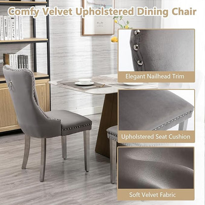 Goujxcy 5 Piece Round Glass Dining Table Set for 4, 47" Round Dining Table & Chair Set Modern Circle Glass Kitchen Table and 4 Velvet Upholstered Chairs for Kitchen Dining (Silver Table & Grey Chair)