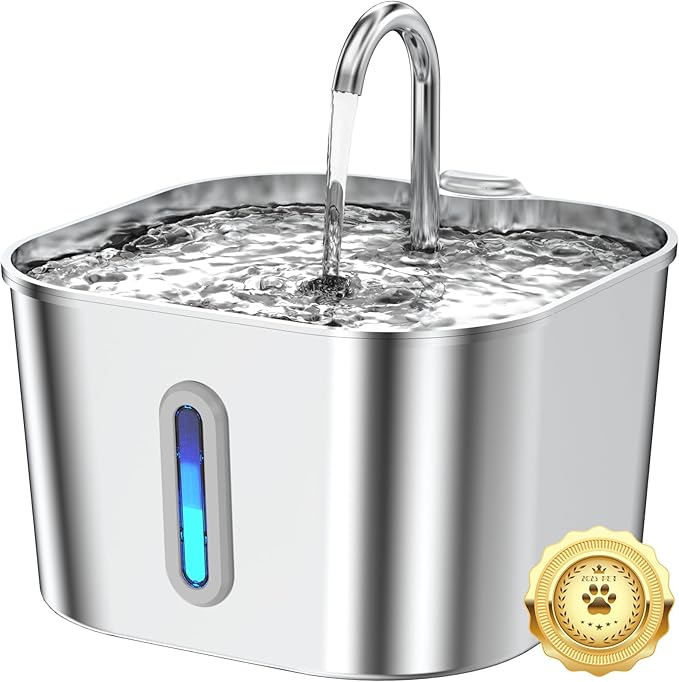 Cat Water Fountain Stainless Steel, 74oz/2.2L Cat Fountain with Quiet Pump, Automatic Pet Water Dispenser, Ideal for Multi-pet Homes, Fresh & Clean Water for Cats and Dogs