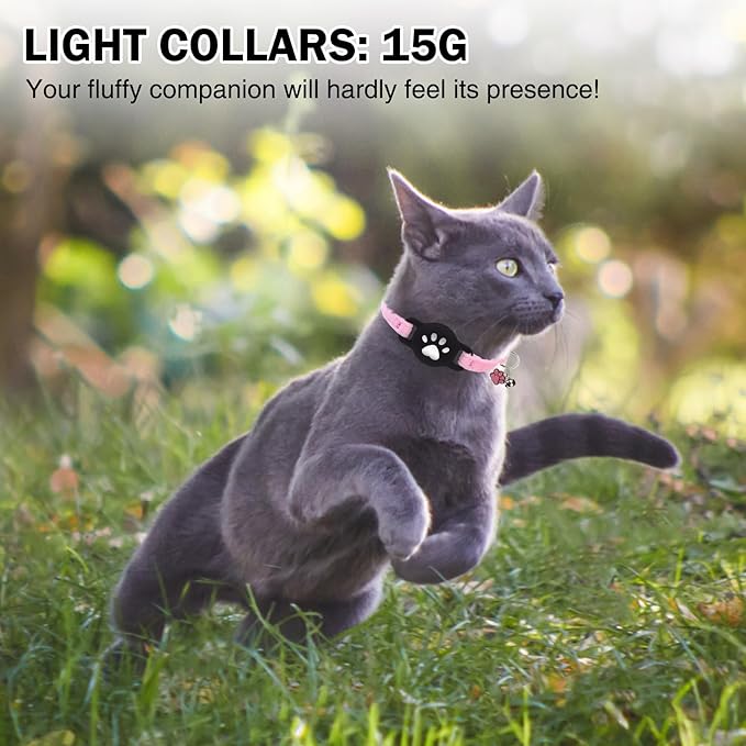 Airtag Cat Collar Breakaway, Cute GPS Cat Tracker Collars with Air Tag Holder, Safety Cat Collars with Bell & Pendant for Girl Boy Cats, Pink
