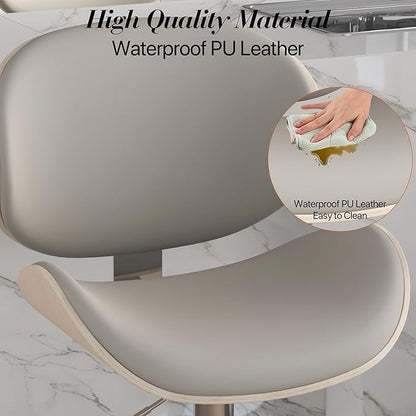 Adjustable Swivel Bar Stools Set of 4, Modern Bentwood Barstool with Large Metal Base and Footrest, PU Leather Upholstered Bar Chair with Curved Back for Kitchen Island Dining Room, Gray