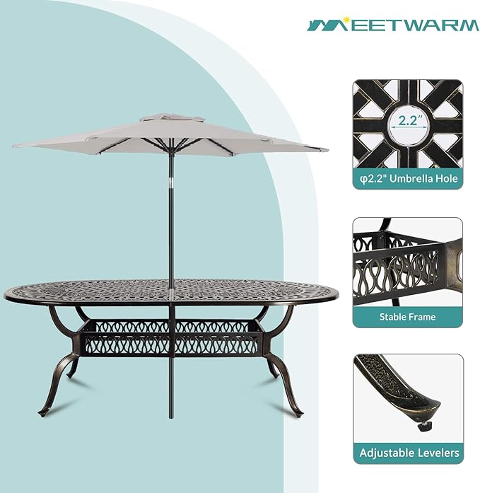 MEETWARM 9-Piece Outdoor Furniture Dining Set, All Weather Cast Aluminum Patio Garden Set with 1 Oval Table, 8 Chairs, 8 Cushions, 2" Umbrella Hole, Dark Bronze, Chili Red