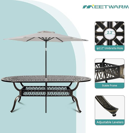 MEETWARM 9-Piece Outdoor Furniture Dining Set, All Weather Cast Aluminum Patio Garden Set with 1 Oval Table, 8 Chairs, 8 Cushions, 2" Umbrella Hole, Dark Bronze, Chili Red