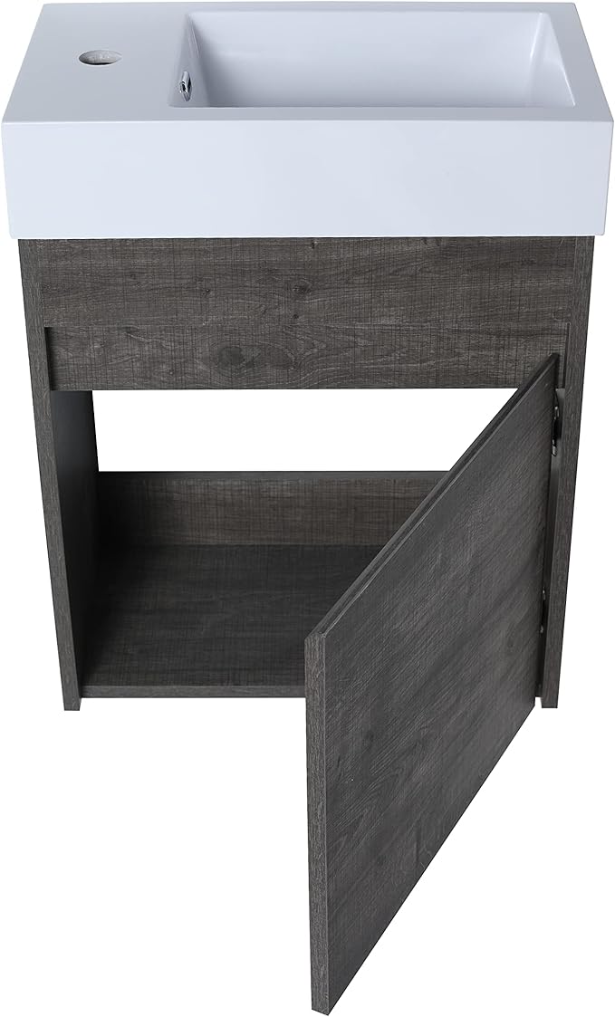 Goujxcy 18" Wall Mounted Bathroom Vanity with Sink, Modern Floating Bathroom Cabinet with White Resin Wash Basin & Storage Cabinet, Soft-Close Door Wood Hanging Bath Room Cabinet
