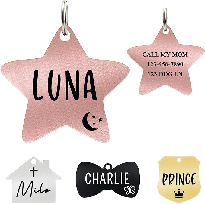 Ultra Joys Cat ID Tag Personalized Pet Tags, Durable Stainless Steel Small Pet Mini Dog Cat Tag Lightweight - Star Tag in Rose Gold