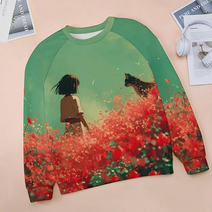Long Sleeve Shirts for Women Cat Oil Painting Shirt 3D Graphic Sweatshirts Fall Pullover Crewneck Vintage Boho Tops