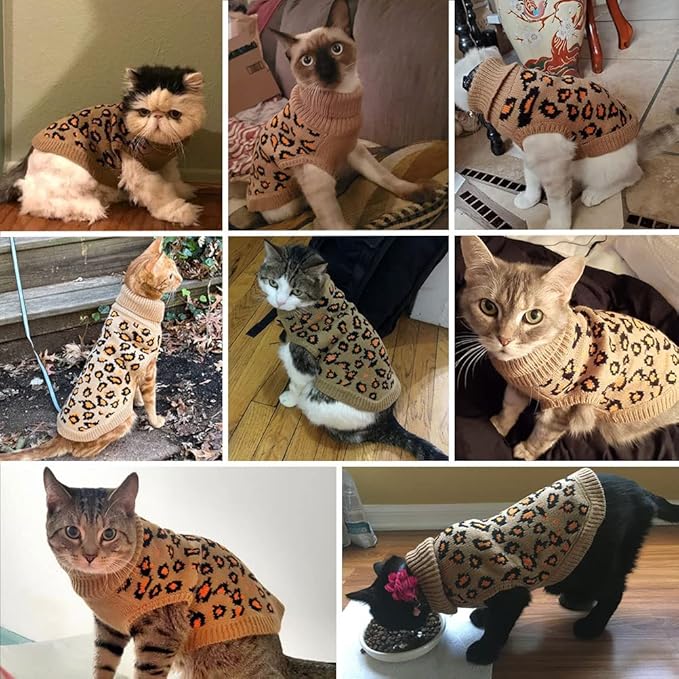 Mihachi Winter Warm Cat Sweater Turtleneck Puppy Pets Sweater Knit Vest Fashion Leopard for Cats Puppy Small Animals Brown Medium