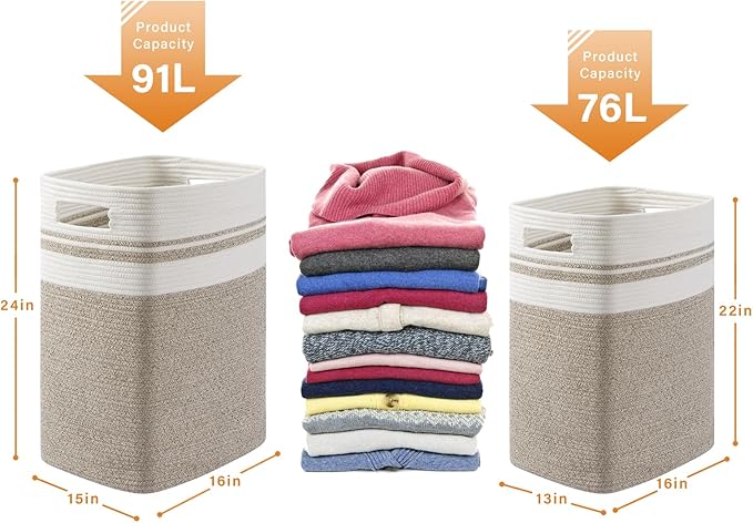 OIAHOMY 91L Laundry Hamper, XXXLarge Laundry Basket, Collapsible Cotton Rope Basket,Woven Storage Basket for Blankets,Clothes,Pillows-16x15x24-Yellow