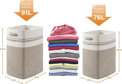 OIAHOMY 91L Laundry Hamper, XXXLarge Laundry Basket, Collapsible Cotton Rope Basket,Woven Storage Basket for Blankets,Clothes,Pillows-16x15x24-Yellow