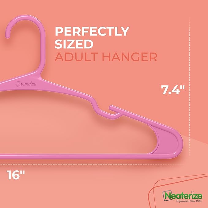 NEATERIZE Clothes Hangers Plastic 100 Pack for Adults - Plastic Hangers, The Perfect Coat Hanger and Space Saving Clothes Hangers for Closet, Percheros Ganchos para Colgar Ropa Hangars - Pink Hangers
