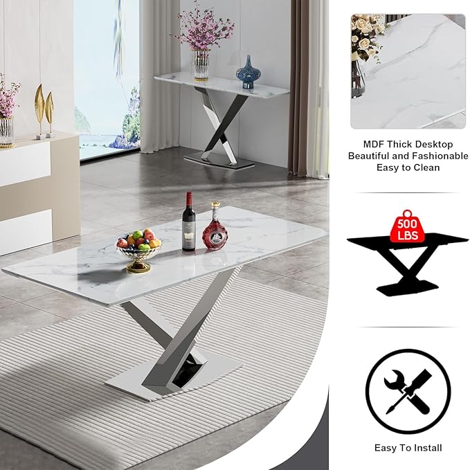 Goujxcy 70" Faux Marble Dining Table Set for 6, 7-Piece Dining Set with White Silver Kitchen Table and 6 Velvet Tufted Chairs, Modern Rectangular Dining Room Table with X-Shape Stainless Steel Base