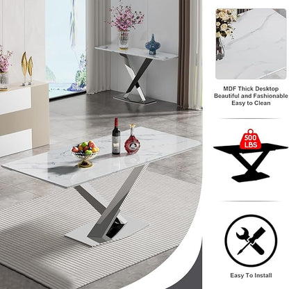 Goujxcy 70" Faux Marble Dining Table Set for 6, 7-Piece Dining Set with White Silver Kitchen Table and 6 Velvet Tufted Chairs, Modern Rectangular Dining Room Table with X-Shape Stainless Steel Base