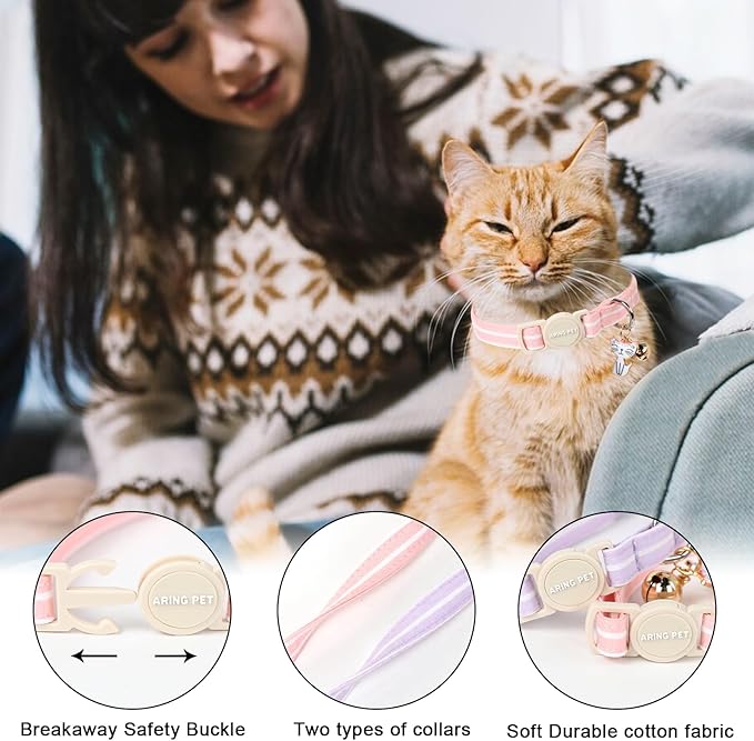 ARING PET 2 Pack Cat Collar-Cute Cotton Cat Collar with Bell & Pendant, Adjustable Pink Lavender Striped Kitten Collars with Safety Buckle for Girl and Boy Pets