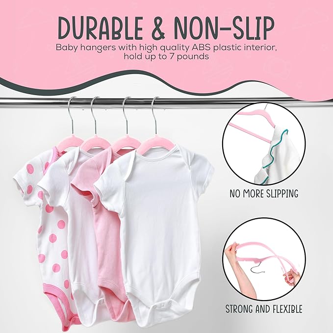 50 Premium Baby Velvet Hangers - 11.8 Inches Non-Slip & Ultra-Slim Baby Hangers for Space-Saving & Children Clothes - 360 Swivel Hook, Strong & Durable Infant & Toddler Clothes Hanger - Pink