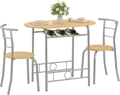 VECELO 3-Piece Dining Table Set for Kitchen Breakfast Nook, Wood Grain Oval Tabletop and Metal Frame with Built-in Wine Rack, for Small Spaces, Natural & Silver