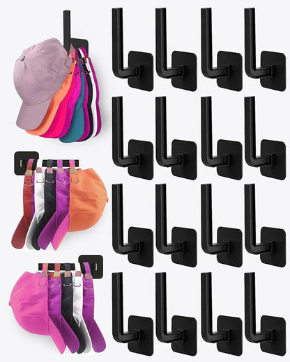 Hat Rack for Hat Storage (16-Pack), Multi-Purpose Hat Organizer, Strong Adhesive Hat Hooks for Wall Hat Organizer for Baseball Caps, Two Mounting Options Hat Hook, Black