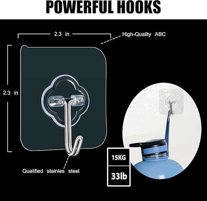 Adhesive Hooks, 32 Pack 33lb(Max) Sticky Hooks, Transparent Reusable Removable Adhesive Hooks for Hanging, Wall Hooks for Hanging Can be Use for Kitchen Bathroom Shower Outdoor Home Improvement