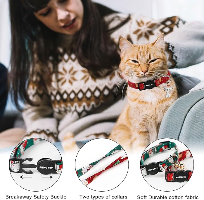 ARING PET 2 Pack Christmas Cat Collars-Cute Cat Collar Breakaway with Bell&Pendant, Adjustable Christmas Kitten Collars with Safety Buckle for Girl and Boy Cats