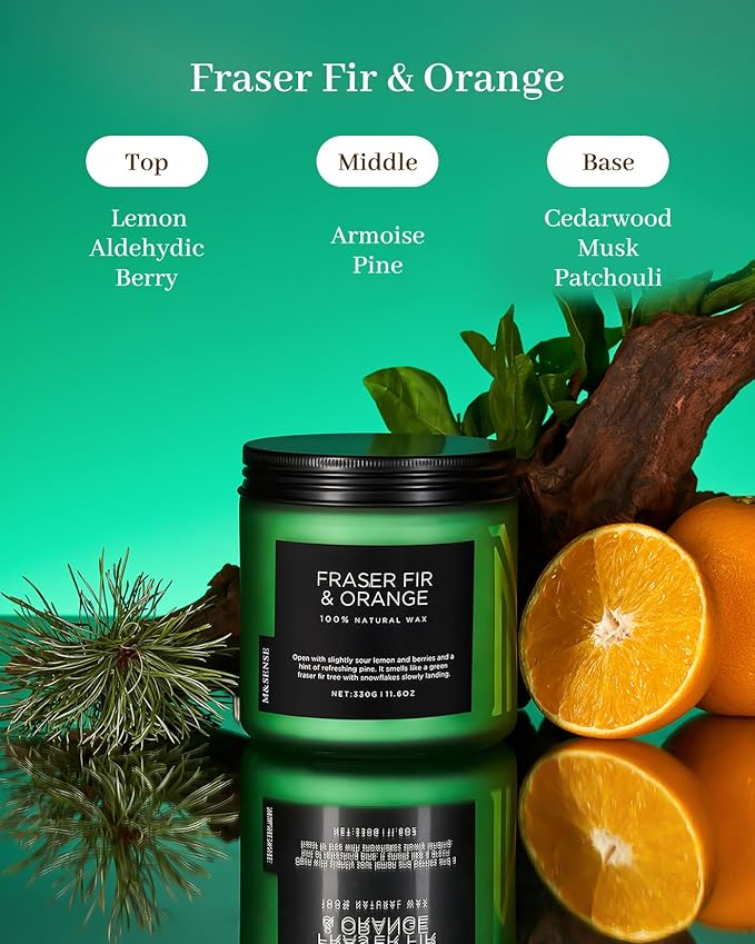 M&SENSE Fir & Orange Scented Candle, 11.6oz Soy Wax Non Toxic for Home Up to 70 Hours, 2 Cotton Wick Christmas Tree Scent Holiday Aromatherapy Candle for Relaxation