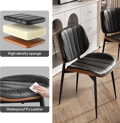 Dining Chairs Set of 2, Mid Century Modern Dining Room Chair, Upholstered Faux Leather Kitchen Chairs with Walnut Bentwood Back and Metal Legs for Kitchen Dining Room Living Room, Black