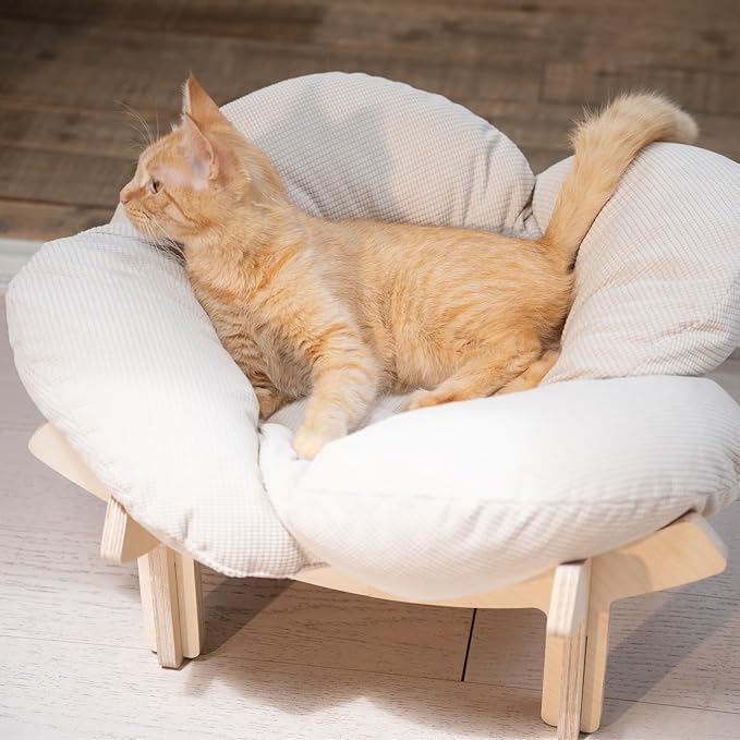 CHEERHOME PETS Elevated Cat Bed Wooden with Cushion Fluffy Pet Couch Sofa for Indoor Cats Raised Kitty Lounge Chair Suitable for Puppy, Cat Furniture(White)