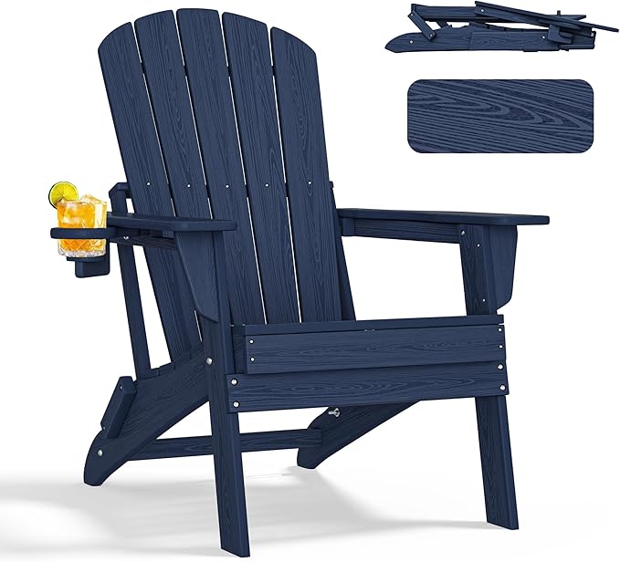 nevilywood Folding Adirondack Chair - Extended Ergonomic Backrest, Cup Holder - Easy Assembly - Durable HDPE Plastic, Weather Resistant & Maintenance-Free - Lawn, Patio, Deck Supports 380lbs NavyBlue