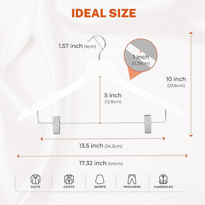 HOUSE DAY Wooden Hangers with Clips 24 Pack, Heavy Duty White Wood Pants Hanger, Premium Skirt Hanger with Adjustable Clips, Solid Clip Hangers for Suit, Blouse, Dress, Coat, Jacket, Bottom