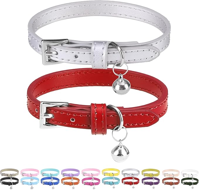 PUPTECK 2 PCS Soft Genuine Leather Cat Kitten Collar with Bells Adjustable for Girl Boy Cats Puppy - Red, Silvery