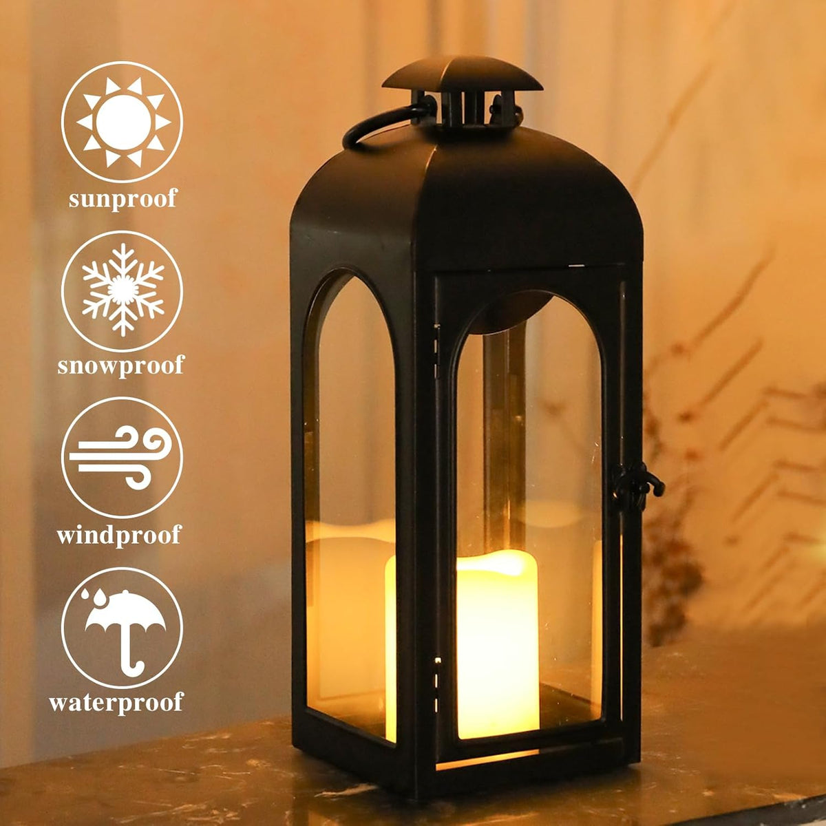 Bdor 16 Inches Metal and Stainless Steel Glass Decorative Lantern with Electronic Wax Effect - Indoor/Outdoor Decorative Lighting, Handcrafted Aesthetic, Perfect for Home, Parties, and Holiday Decor