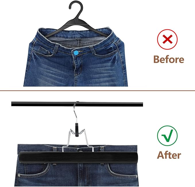 AMKUFO 12 Pack Black Wooden Pants Hangers with Clips Non Slip Skirt Hangers Trouser Clamp Hanger Solid Wood Hanger with 360° Swivel Hook