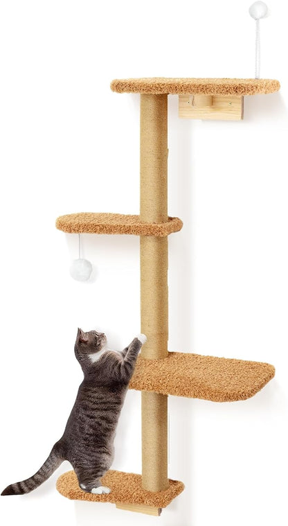 Brown Wall Mounted Cat Wall Climber & Tree for Kittens, 4 Platform Cat Shelves with Brown Plush Cushions, Floating Furniture for Climbing, Lounging, Scratching – 49” Tall