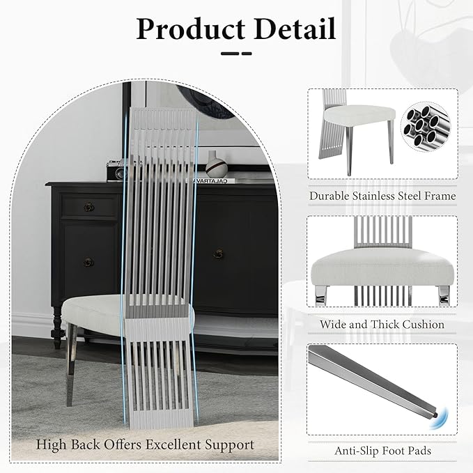 Silver Dining Chair Set of 4, White Boucle Dining Chairs with Polished Silver Stainless Steel Backrest and Legs, Modern Elegant Upholstered Dining Room Chairs for Dining Room Kitchen Restaurant