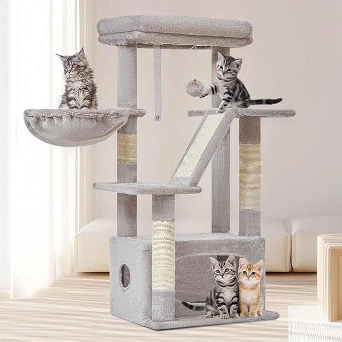 Taoqimiao Cat Tree,38.2-Inch Cat Tower for Indoor Cats,Suitable for Kittens with Luxurious cat condo with Adjustable Baskets and Luxurious Perch Light Gray MS029SW