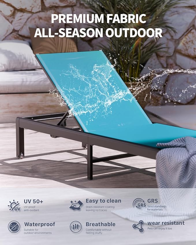 Aluminum Lounge Chairs Outdoor Chaise Furniture,2 Sets Patio Metal Deck Lounger Adjustable 5-Position Poolside Chase Recliner with Wheels for Beach,Coffee Table, (Blue, 2 Chairs + Table)