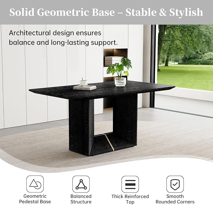 63" Modern Black Dining Table Set for 4 with Chairs, 5 Piece Rectangular Dining Room Table and 4 PU Leather Chairs, Kitchen Dining Set with Matte Wood Finish, Geometric Base, Easy Assembly