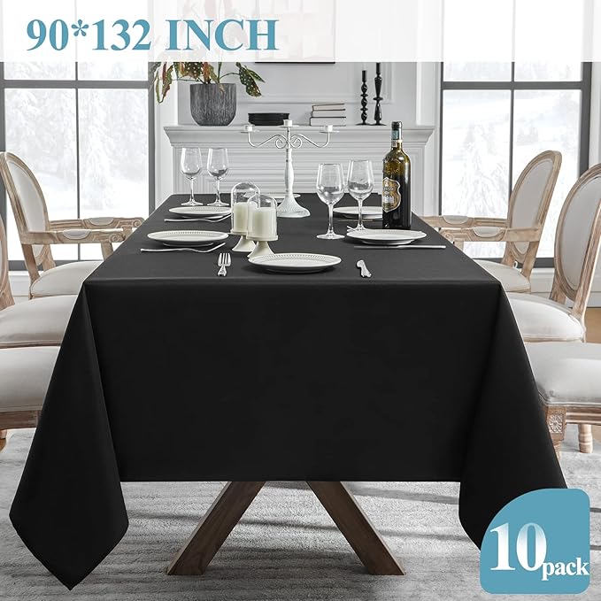 VidaFete Table Cloth 10 Pack 90 * 132inch Rectangle Tablecloth Polyester, Stain Wrinkle Resistant Polyester Dining Table Cover for Kitchen Dinning Party Wedding Rectangular Tabletop Decoration(Black)