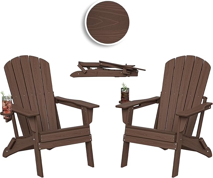 Plawdlik Folding Adirondack Chair Set of 2, Cup Holder，Wooden Textured ，Heavy All-Weather HDPE Comfortable Set Poolside Backyard Lawn Coffee