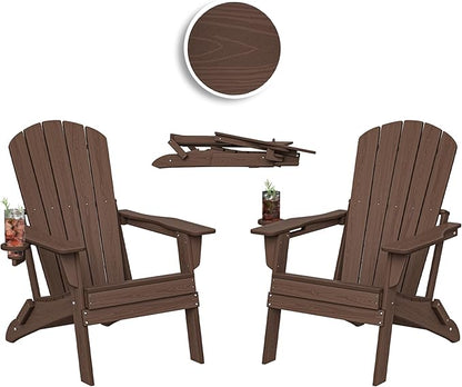 Plawdlik Folding Adirondack Chair Set of 2, Cup Holder，Wooden Textured ，Heavy All-Weather HDPE Comfortable Set Poolside Backyard Lawn Coffee