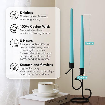 New Burning Formula Unscented Dripless 10-Inch Taper Candles Set of 12 - Turquoise, for Wedding, Dinner - Smokeless, Long Burning - Hand Poured, Colored Tall Candlesticks - Turquesa