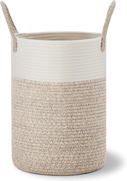VIPOSCO Tall Laundry Hamper, Woven Rope Storage Basket for Blanket, Toys, Dirty Clothes in Living Room, Bathroom, Bedroom - 30L White & Brown